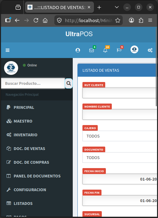 Pantalla del sistema de ventas y control de stock UltraPOS